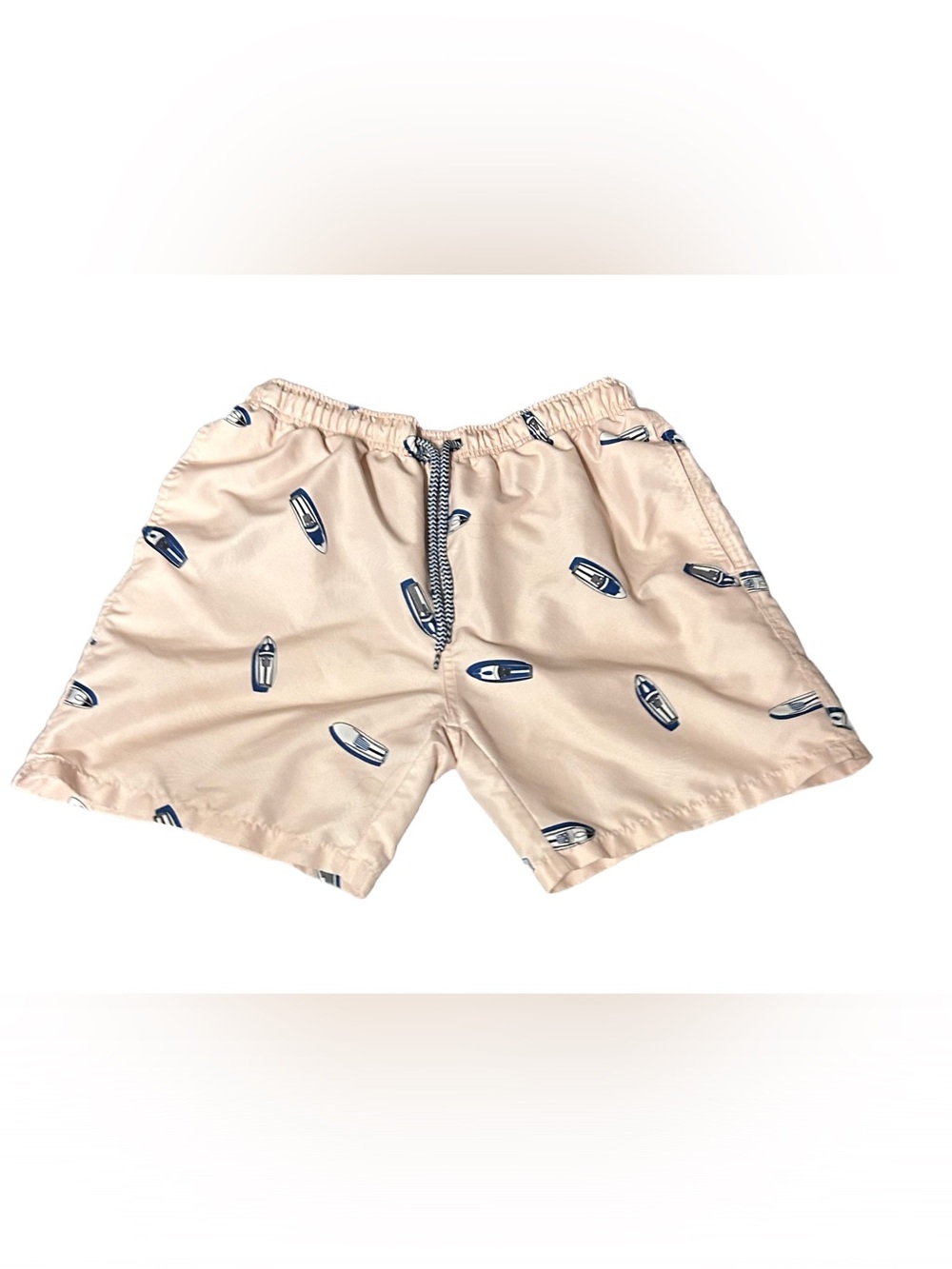 Kids Swim Trunks with Navy Boat Print - Beige